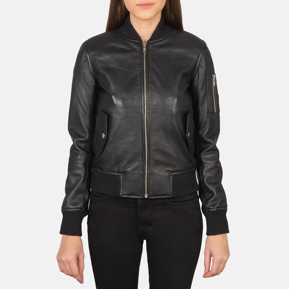 Ava Ma-1 Black Leather Bomber Jacket - Image 2