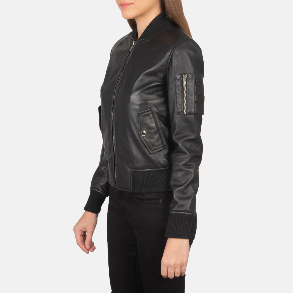 Ava Ma-1 Black Leather Bomber Jacket - Image 3